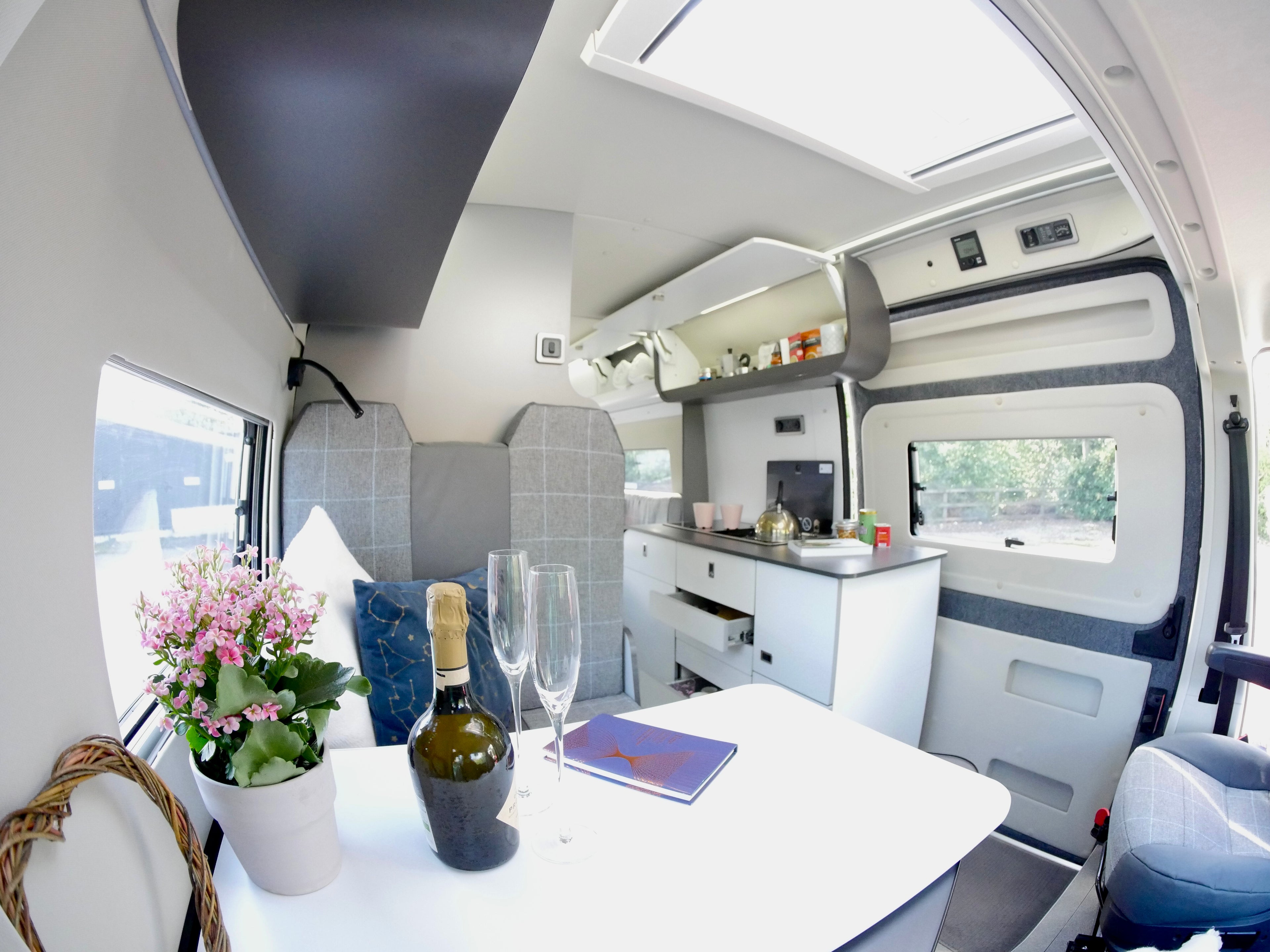 Grey white campervan interior 